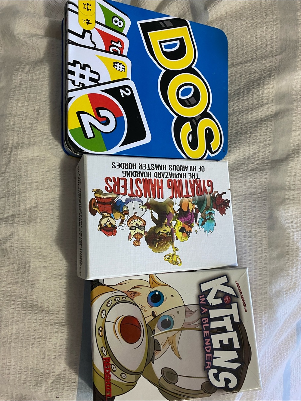 3 card games, excellent condition. Dos, Gyrating Hamsters & Kittens in a Blender